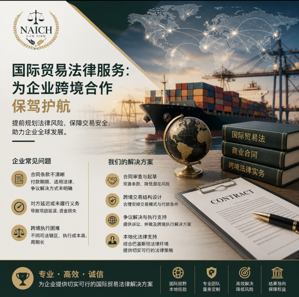 国际贸易法律服务, 跨境交易风险管理, 商业合同法律支持, 巴基斯坦法律服务, 国际商业法律策略